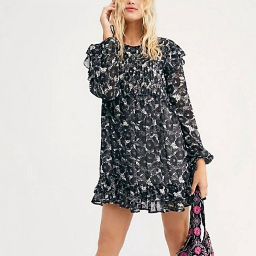 Free People These Dreams Black White Floral Whimsigoth Grunge Mini Dress X-Small